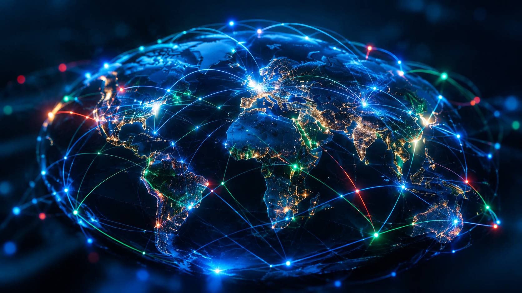 Global network of interconnected glowing nodes
