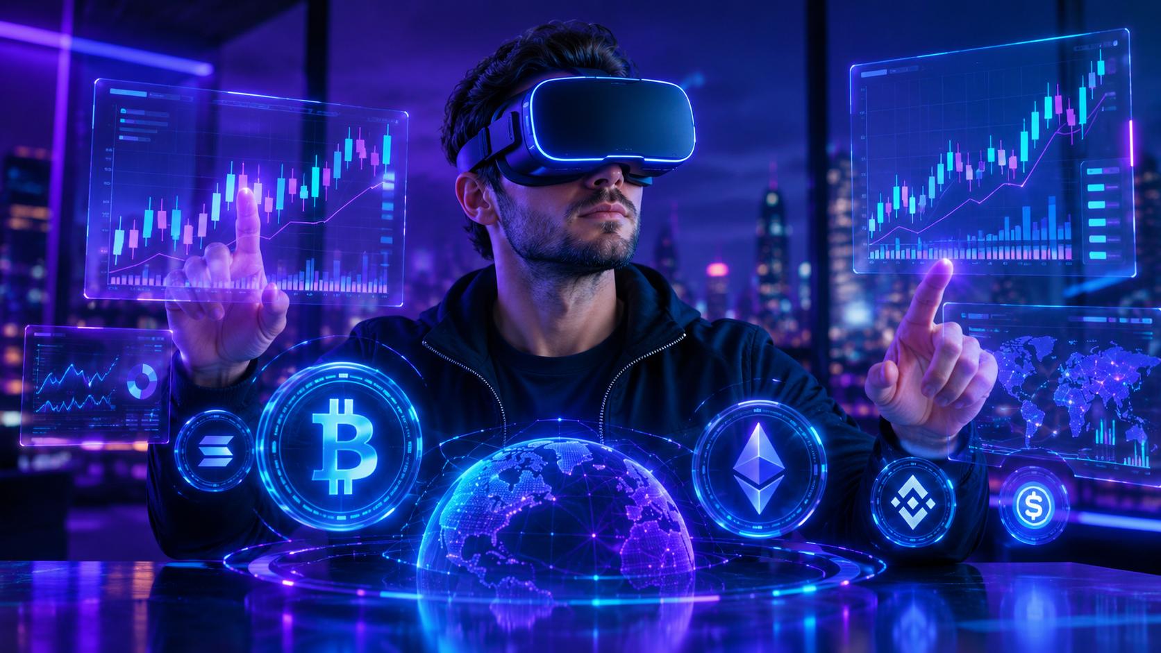Trader wearing a vr headset surrounded by holographic crypto charts