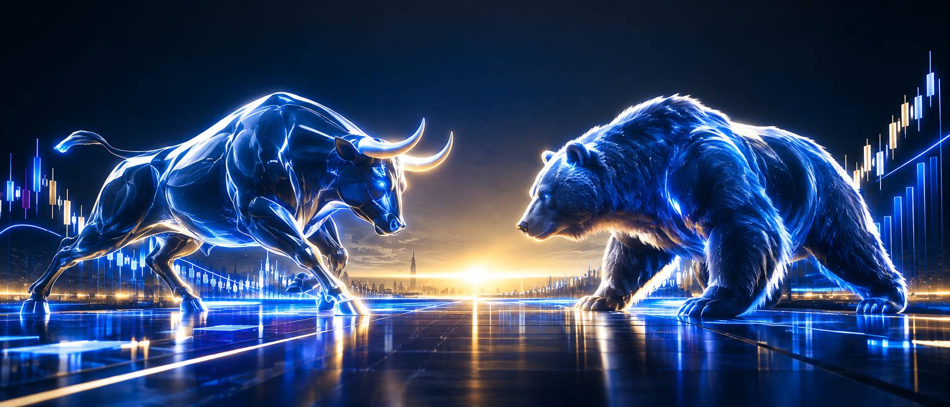 Bull and a bear facing each other on a chart landscape