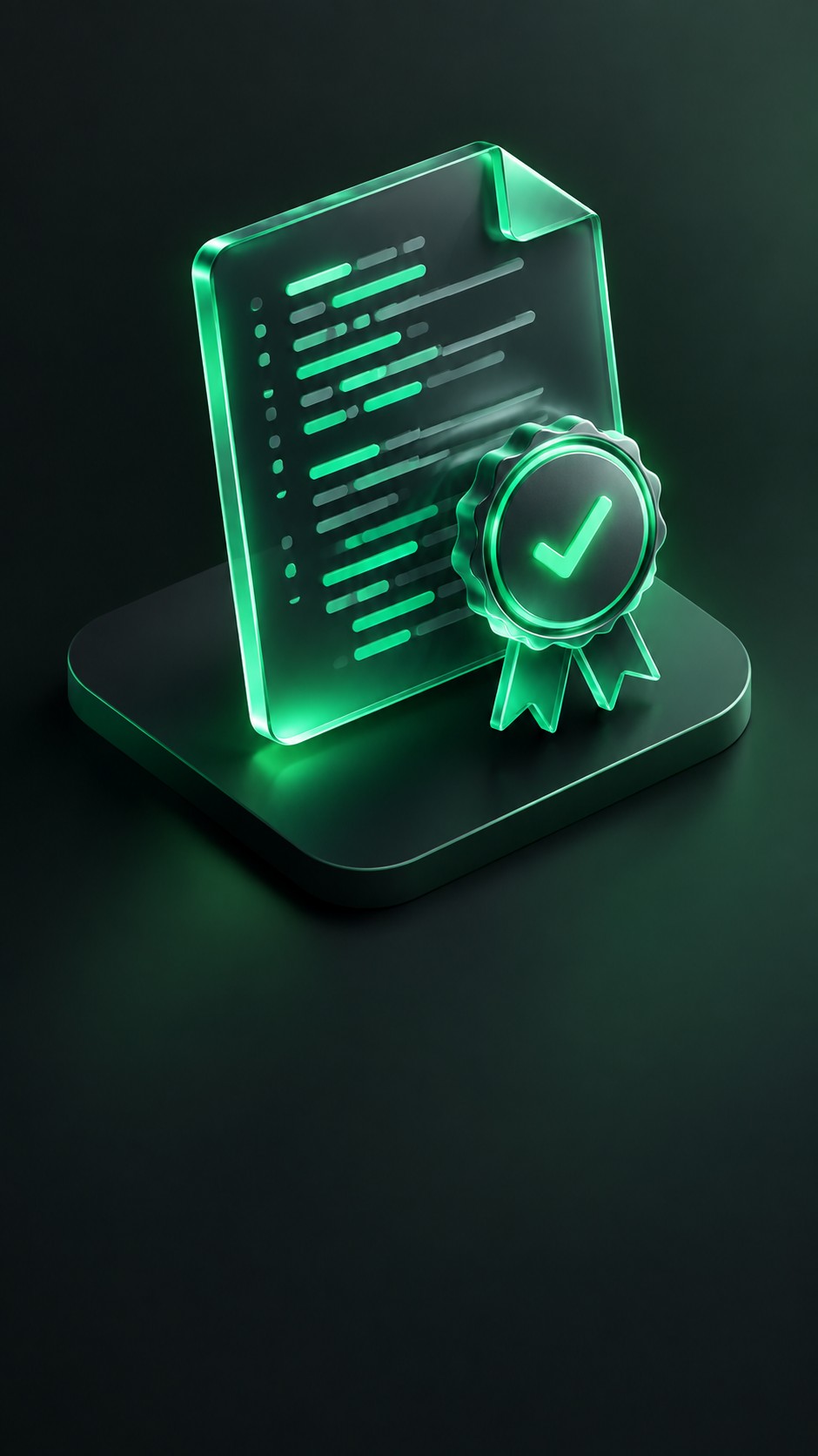 Transparent document made of code lines sealed with a glowing stamp